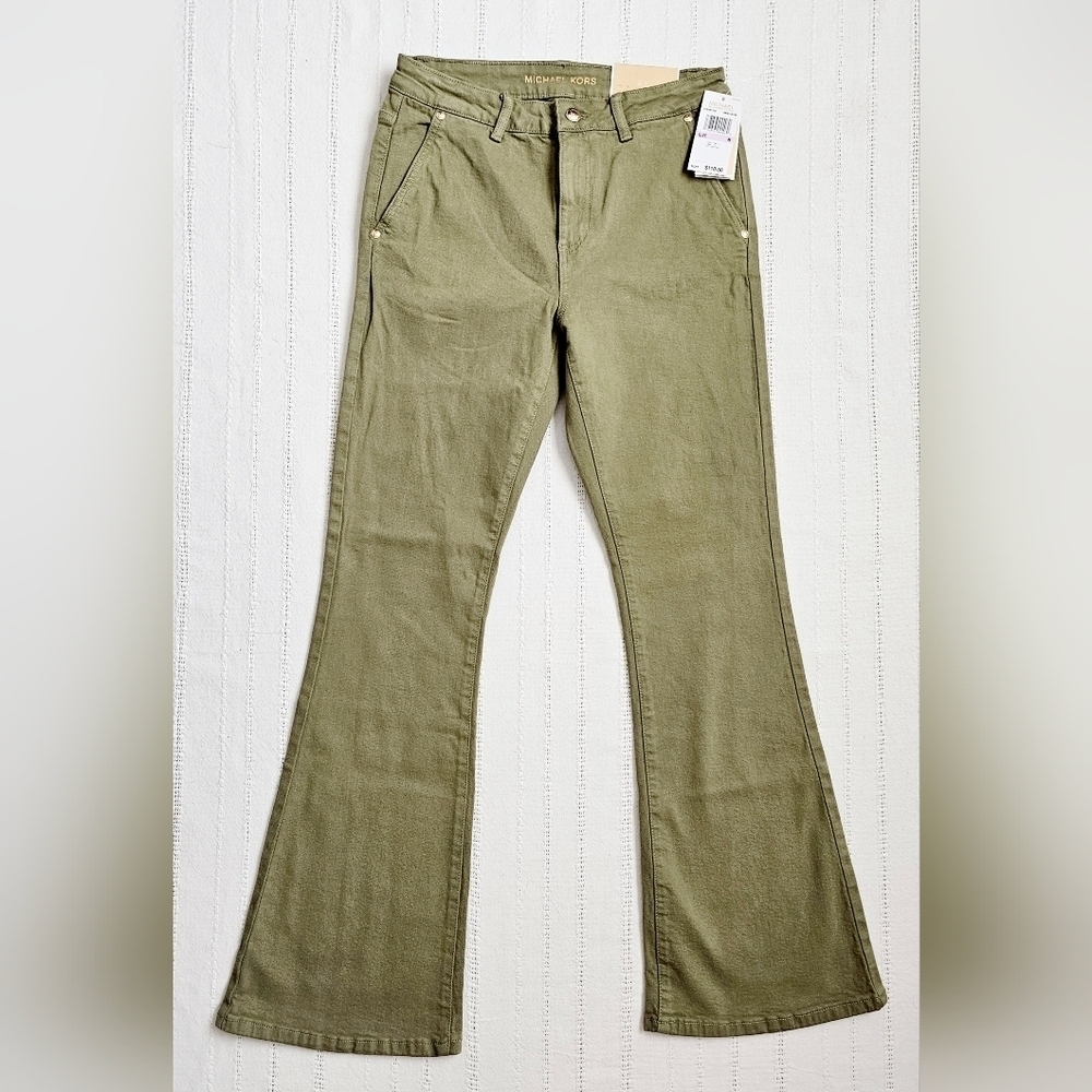 MICHAEL Michael Kors High Rise Selma Flare Jeans Olive Green Retro Stretch 6 NEW - Picture 3 of 13